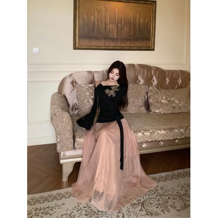 优雅气质斜肩长袖显瘦上衣针织衫网纱垂感半身裙温柔套装 服裝批發女裝批發服飾貨源