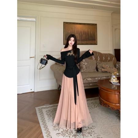 优雅气质斜肩长袖显瘦上衣针织衫网纱垂感半身裙温柔套装 服裝批發女裝批發服飾貨源