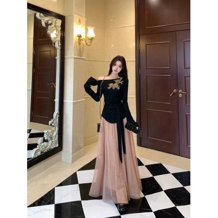 优雅气质斜肩长袖显瘦上衣针织衫网纱垂感半身裙温柔套装 服裝批發女裝批發服飾貨源