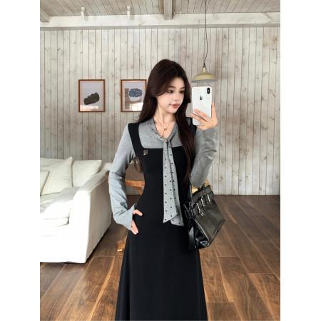 假两件拼接长袖连衣裙女新款收腰法式高级感长裙 服裝批發女裝批發服飾貨源