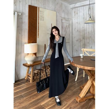 假两件拼接长袖连衣裙女新款收腰法式高级感长裙 服裝批發女裝批發服飾貨源