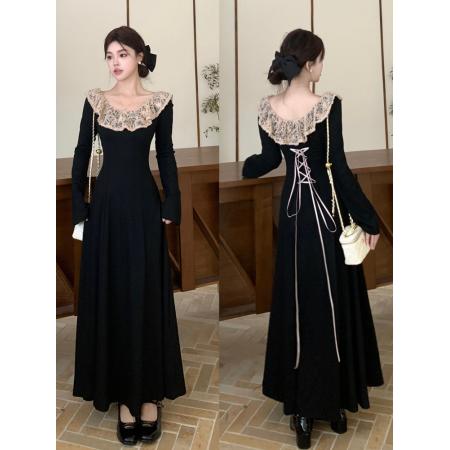 新款胖mm法式轻奢宫廷风黑色连衣裙女秋季长袖蕾丝领显瘦裙子 服裝批發女裝批發服飾貨源