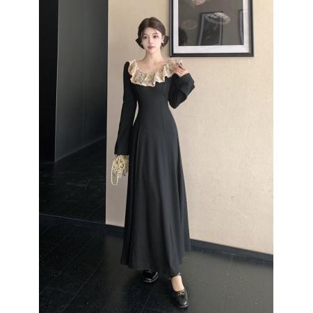新款胖mm法式轻奢宫廷风黑色连衣裙女秋季长袖蕾丝领显瘦裙子 服裝批發女裝批發服飾貨源