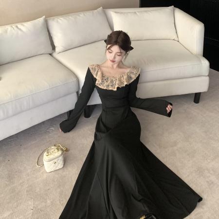 新款胖mm法式轻奢宫廷风黑色连衣裙女秋季长袖蕾丝领显瘦裙子 服裝批發女裝批發服飾貨源