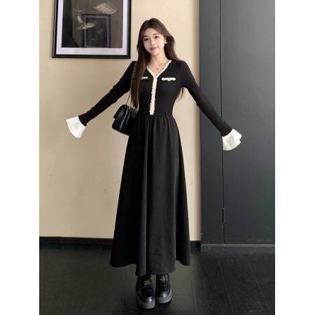 秋新款胖mm设计感黑色小香风V领长袖连衣裙显瘦拼色长裙子女 服裝批發女裝批發服飾貨源