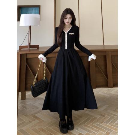 秋新款胖mm设计感黑色小香风V领长袖连衣裙显瘦拼色长裙子女 服裝批發女裝批發服飾貨源