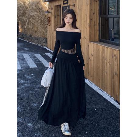 FA48842# 秋季新款胖mm设计感一字肩镂空蕾丝褶皱打底裙长款连衣裙子女 服裝批發女裝批發服飾貨源