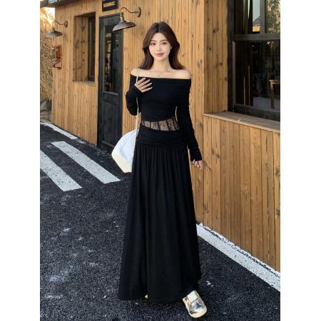 FA48842# 秋季新款胖mm设计感一字肩镂空蕾丝褶皱打底裙长款连衣裙子女 服裝批發女裝批發服飾貨源