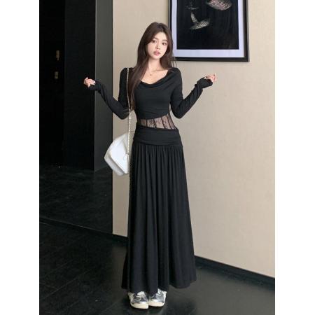 FA48842# 秋季新款胖mm设计感一字肩镂空蕾丝褶皱打底裙长款连衣裙子女 服裝批發女裝批發服飾貨源