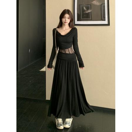 FA48842# 秋季新款胖mm设计感一字肩镂空蕾丝褶皱打底裙长款连衣裙子女 服裝批發女裝批發服飾貨源