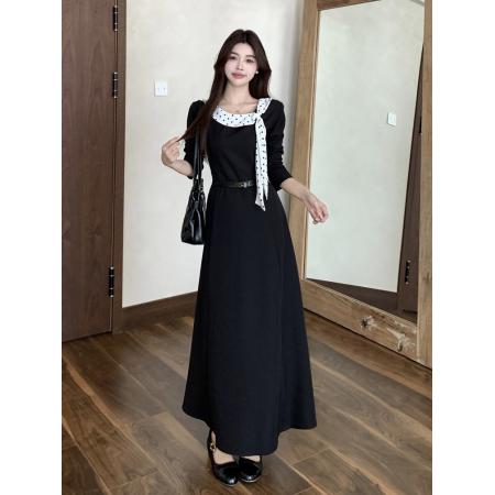 秋胖mm设计感法式气质波点飘带领拼黑色连衣裙女高级感长裙子 服裝批發女裝批發服飾貨源