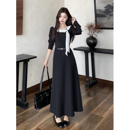 秋胖mm设计感法式气质波点飘带领拼黑色连衣裙女高级感长裙子 服裝批發女裝批發服飾貨源