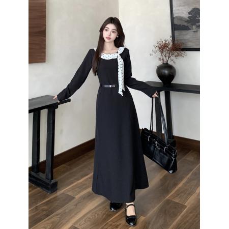 秋胖mm设计感法式气质波点飘带领拼黑色连衣裙女高级感长裙子 服裝批發女裝批發服飾貨源