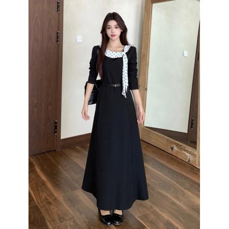 秋胖mm设计感法式气质波点飘带领拼黑色连衣裙女高级感长裙子 服裝批發女裝批發服飾貨源