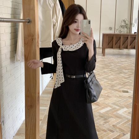 秋胖mm设计感法式气质波点飘带领拼黑色连衣裙女高级感长裙子 服裝批發女裝批發服飾貨源