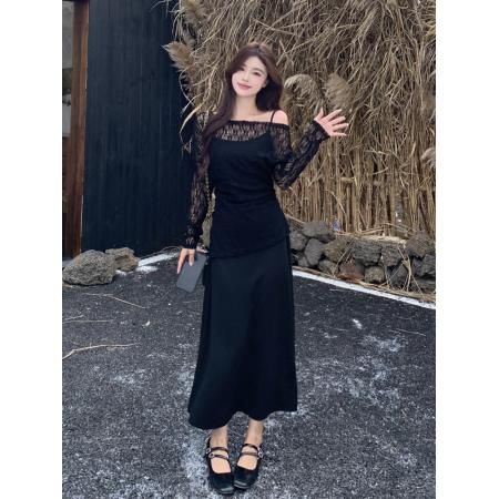 秋新款胖mm法式优雅斜肩蕾丝衫+针织吊带连衣裙两件套装 服裝批發女裝批發服飾貨源