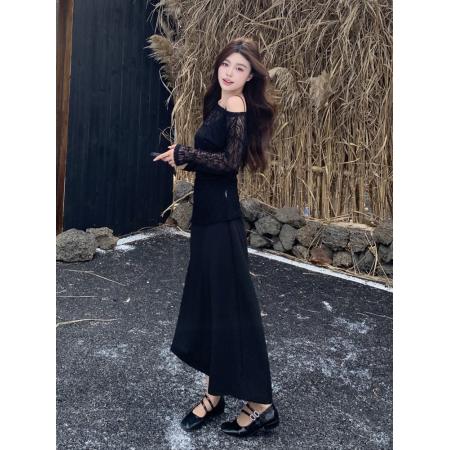 秋新款胖mm法式优雅斜肩蕾丝衫+针织吊带连衣裙两件套装 服裝批發女裝批發服飾貨源