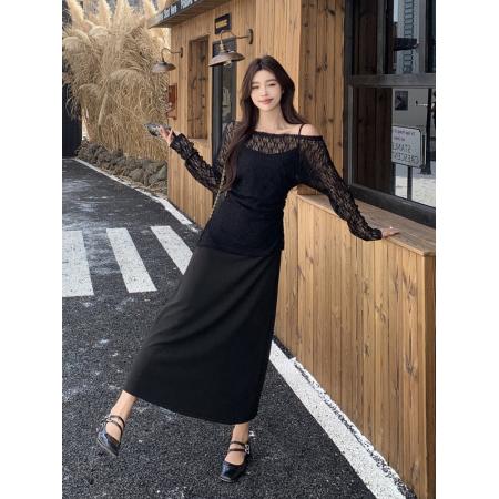 秋新款胖mm法式优雅斜肩蕾丝衫+针织吊带连衣裙两件套装 服裝批發女裝批發服飾貨源