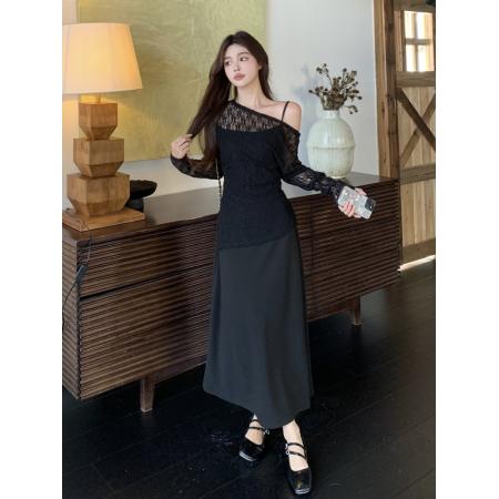 秋新款胖mm法式优雅斜肩蕾丝衫+针织吊带连衣裙两件套装 服裝批發女裝批發服飾貨源