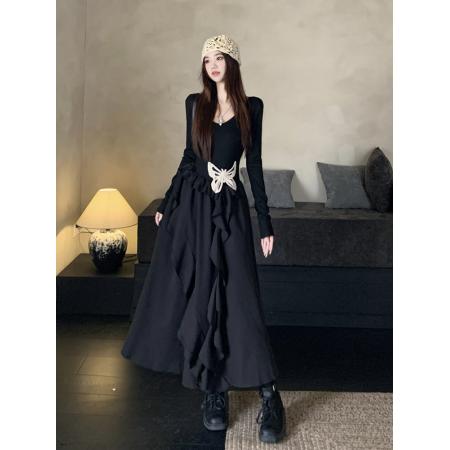 秋新款胖mm显瘦蝴蝶裙小黑裙不规则裙边纯色长袖长款连衣裙子 服裝批發女裝批發服飾貨源