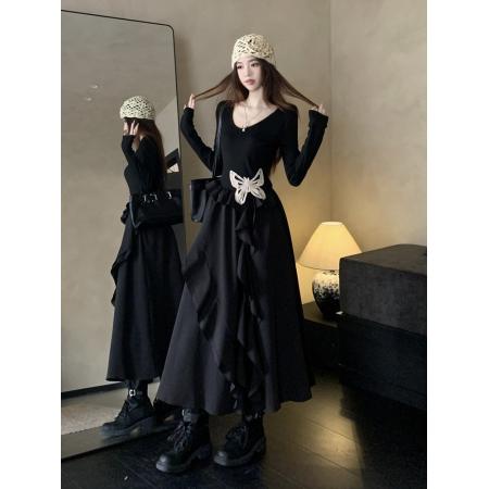 秋新款胖mm显瘦蝴蝶裙小黑裙不规则裙边纯色长袖长款连衣裙子 服裝批發女裝批發服飾貨源