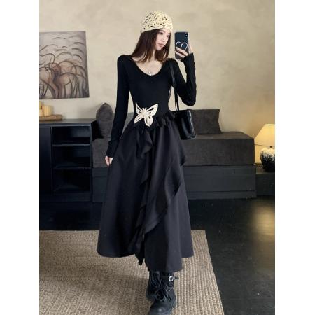 秋新款胖mm显瘦蝴蝶裙小黑裙不规则裙边纯色长袖长款连衣裙子 服裝批發女裝批發服飾貨源