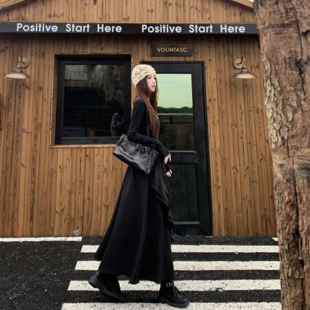 秋新款胖mm显瘦蝴蝶裙小黑裙不规则裙边纯色长袖长款连衣裙子 服裝批發女裝批發服飾貨源