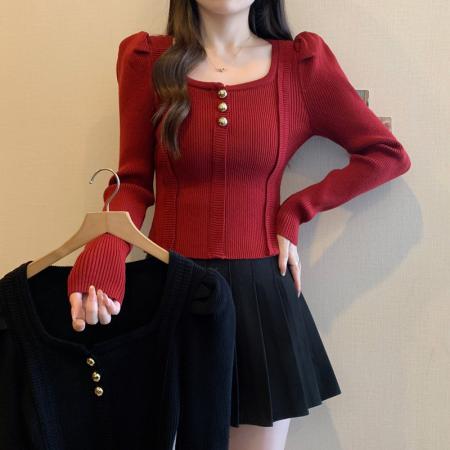 大码女装胖mm秋冬法式方领气质内搭针织衫短上衣显瘦打底毛衣 服裝批發女裝批發服飾貨源