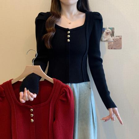 大码女装胖mm秋冬法式方领气质内搭针织衫短上衣显瘦打底毛衣 服裝批發女裝批發服飾貨源