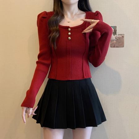 大码女装胖mm秋冬法式方领气质内搭针织衫短上衣显瘦打底毛衣 服裝批發女裝批發服飾貨源