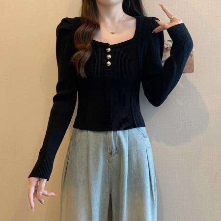 大码女装胖mm秋冬法式方领气质内搭针织衫短上衣显瘦打底毛衣 服裝批發女裝批發服飾貨源