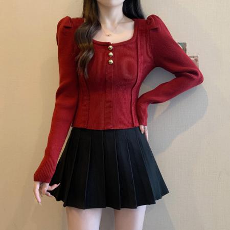 大码女装胖mm秋冬法式方领气质内搭针织衫短上衣显瘦打底毛衣 服裝批發女裝批發服飾貨源