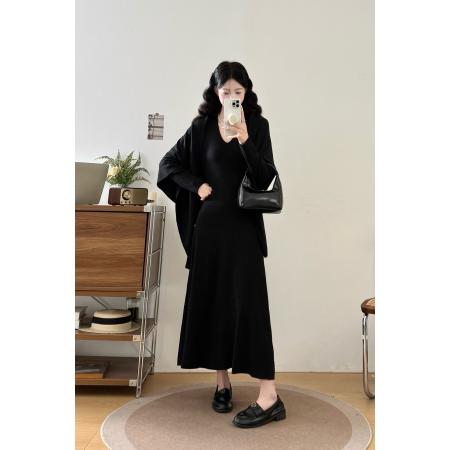 FA48849# 大码女装胖mm秋冬法式气质V领披肩毛衣连衣裙显瘦两件套装裙 服裝批發女裝批發服飾貨源