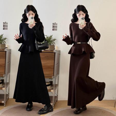 FA48850# 大码女装胖mm秋冬蝙蝠袖气质减龄荷叶边毛衣半身裙显瘦两件套 服裝批發女裝批發服飾貨源