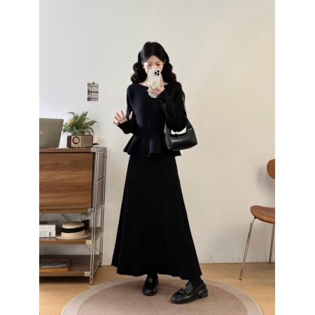 FA48850# 大码女装胖mm秋冬蝙蝠袖气质减龄荷叶边毛衣半身裙显瘦两件套 服裝批發女裝批發服飾貨源