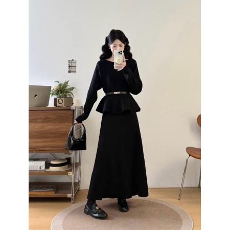 FA48850# 大码女装胖mm秋冬蝙蝠袖气质减龄荷叶边毛衣半身裙显瘦两件套 服裝批發女裝批發服飾貨源