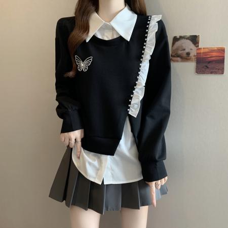 新款秋冬大码女装设计感假两件宽松百搭显瘦舒适卫衣 服裝批發女裝批發服飾貨源