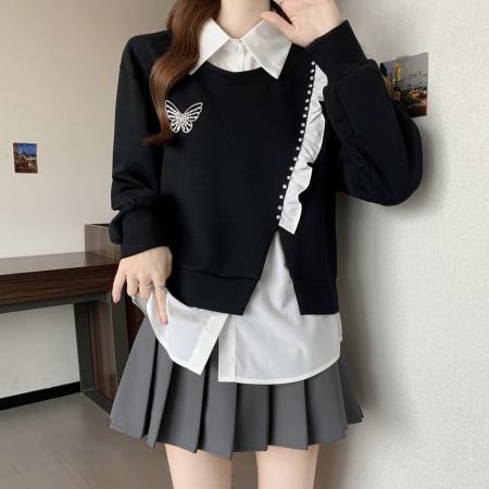 新款秋冬大码女装设计感假两件宽松百搭显瘦舒适卫衣 服裝批發女裝批發服飾貨源