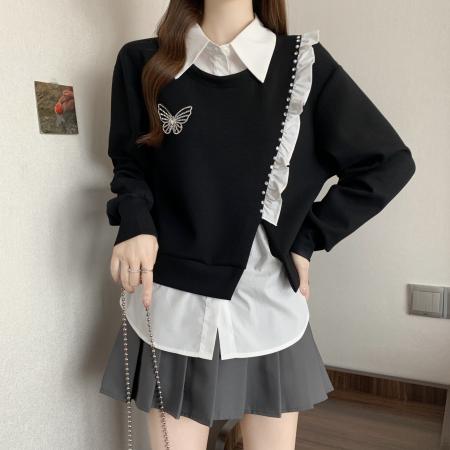 新款秋冬大码女装设计感假两件宽松百搭显瘦舒适卫衣 服裝批發女裝批發服飾貨源