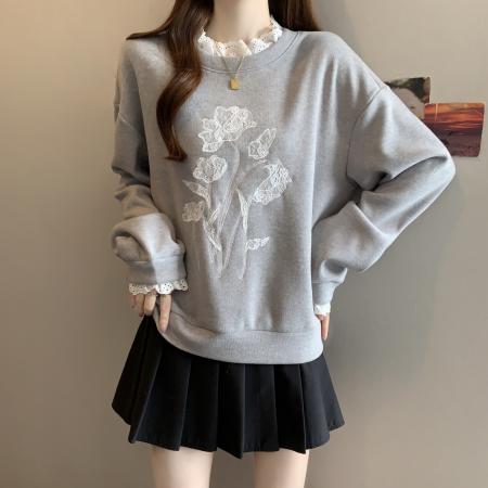 FA48852# 新款大码女装秋冬假两件绣花拼接花边宽松时尚百搭卫衣 服裝批發女裝批發服飾貨源