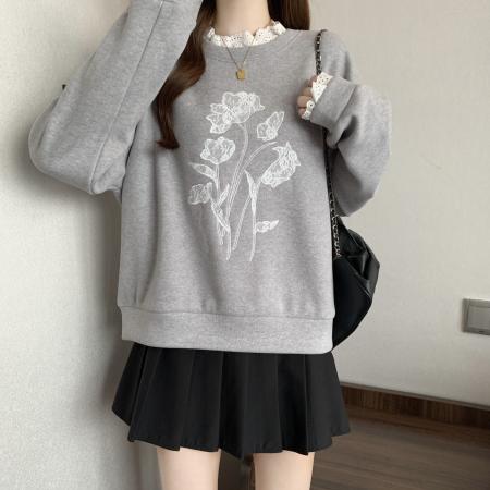 FA48852# 新款大码女装秋冬假两件绣花拼接花边宽松时尚百搭卫衣 服裝批發女裝批發服飾貨源