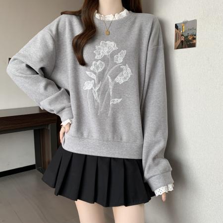 FA48852# 新款大码女装秋冬假两件绣花拼接花边宽松时尚百搭卫衣 服裝批發女裝批發服飾貨源