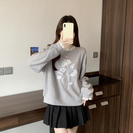 FA48852# 新款大码女装秋冬假两件绣花拼接花边宽松时尚百搭卫衣 服裝批發女裝批發服飾貨源