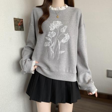 FA48852# 新款大码女装秋冬假两件绣花拼接花边宽松时尚百搭卫衣 服裝批發女裝批發服飾貨源