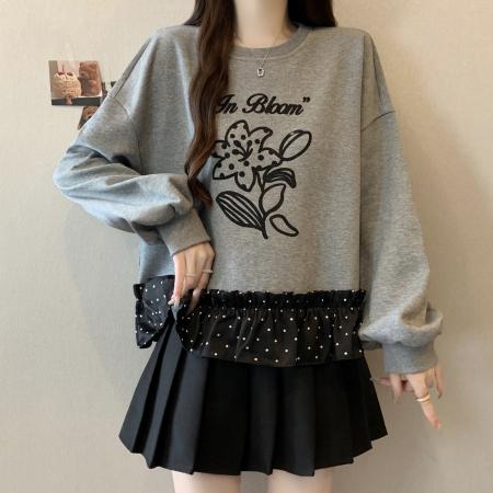 秋冬大码女装设计感假两件拼接波点宽松舒适卫衣新款 服裝批發女裝批發服飾貨源