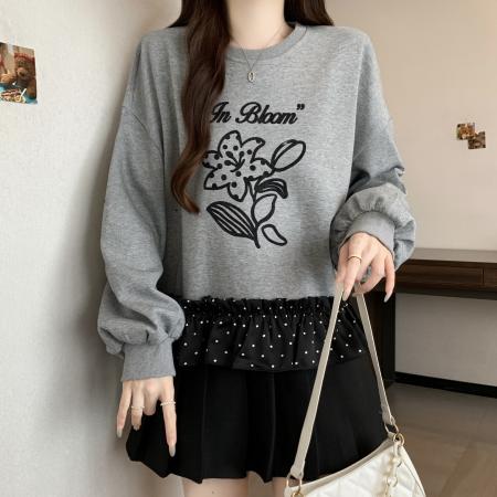 秋冬大码女装设计感假两件拼接波点宽松舒适卫衣新款 服裝批發女裝批發服飾貨源