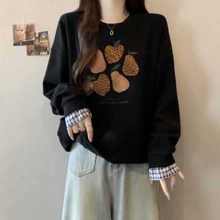 新款大码女装设计感假两件拼接格子宽松舒适百搭卫衣 服裝批發女裝批發服飾貨源