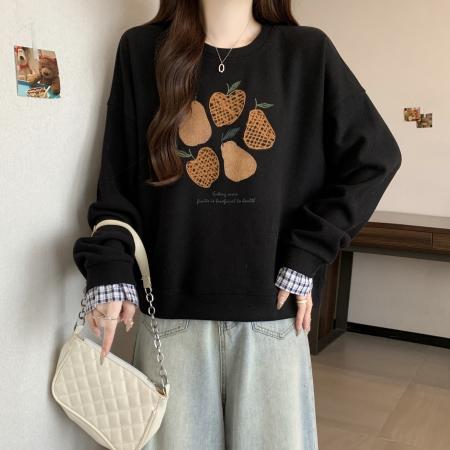 新款大码女装设计感假两件拼接格子宽松舒适百搭卫衣 服裝批發女裝批發服飾貨源