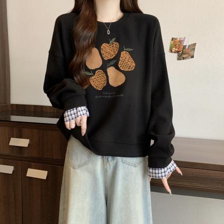 新款大码女装设计感假两件拼接格子宽松舒适百搭卫衣 服裝批發女裝批發服飾貨源