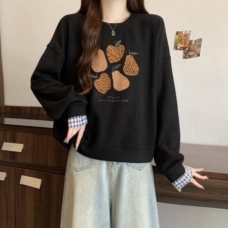 新款大码女装设计感假两件拼接格子宽松舒适百搭卫衣 服裝批發女裝批發服飾貨源